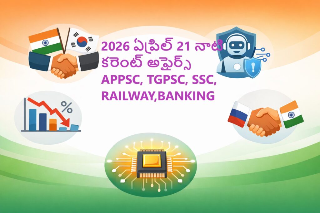 Clean infographic showing India–Korea summit handshake, AI chatbot security icon, economic slowdown graph, semiconductor chip innovation, and India–Russia partnership with tricolor theme for Current Affairs 21 April 2026 Telugu