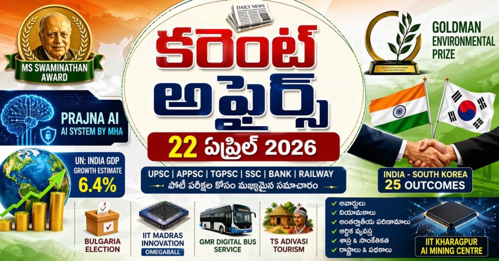 Current Affairs 22 April 2026 Telugu featuring MS Swaminathan Award, Prajna AI system, India GDP 6.4 percent, Goldman Environmental Prize, India South Korea relations, IIT innovations and key highlights for UPSC APPSC TGPSC exams
