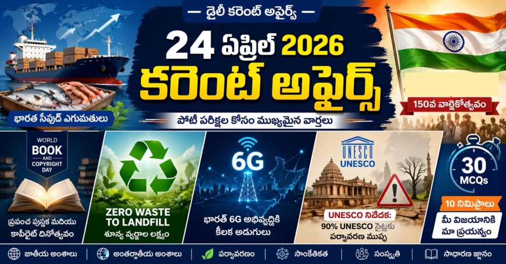 Current Affairs 24 April 2026 Telugu feature image showing seafood exports ship, World Book Day book icon, zero waste recycling symbol, India 6G network tower, Vande Mataram 150 years celebration, and UNESCO heritage site environmental threat infographic