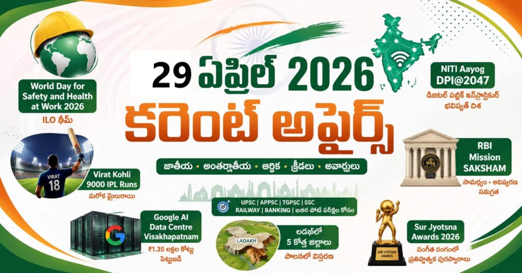 Current Affairs 29 April 2026 Telugu – ILO Theme, NITI Aayog DPI, RBI Mission SAKSHAM, Google AI Data Centre Highlights
