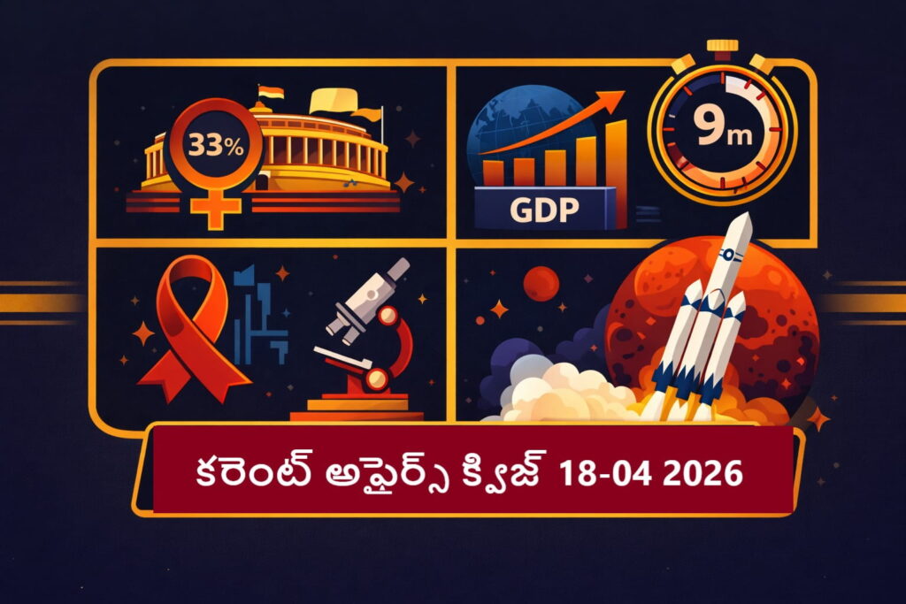 Quiz on Current Affairs 18 April 2026 Telugu infographic with women reservation, GDP growth, haemophilia awareness, SpaceX Mars mission and 9-minute stopwatch icon