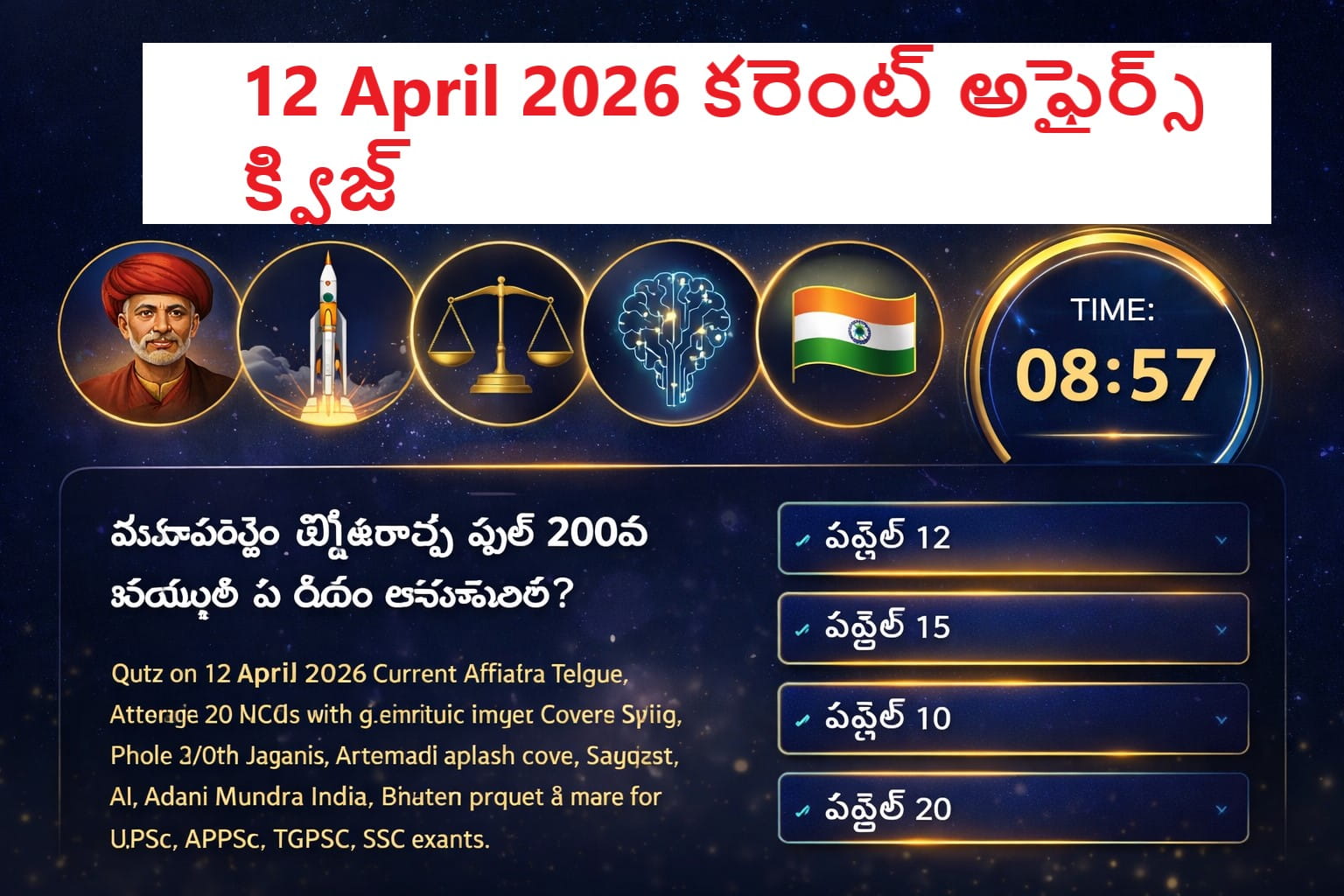Quiz on 12 April 2026 Current Affairs Telugu showing MCQ questions, timer, Jyotirao Phule icon, NASA rocket, AI, justice symbol and Indian flag in blue and gold design