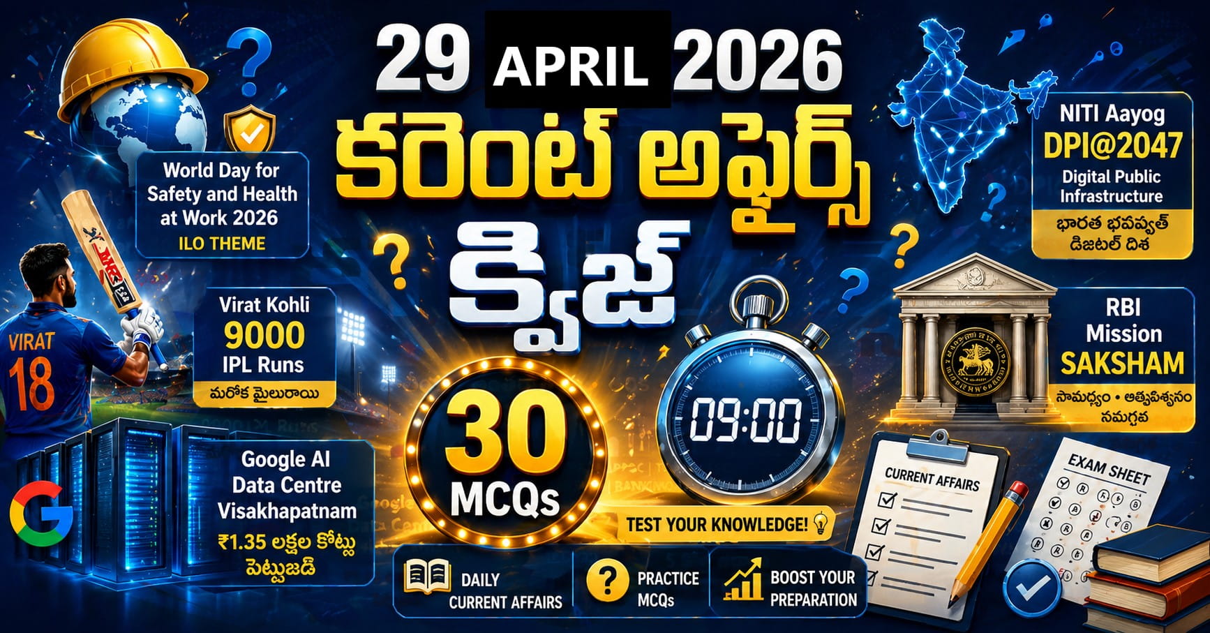 Quiz on 29 April 2026 Current Affairs Telugu – 30 MCQs covering Virat Kohli IPL milestone, ILO Theme, RBI Mission SAKSHAM and key highlights