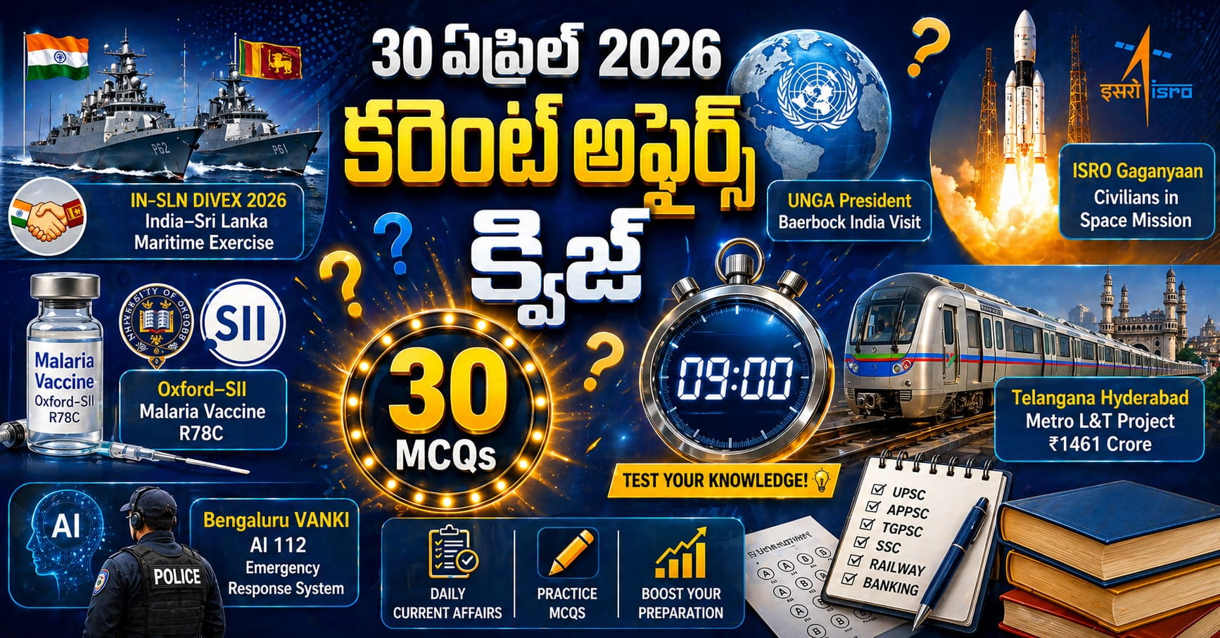 Quiz on 30 April 2026 Current Affairs Telugu – 30 MCQs on Gaganyaan Mission, Malaria Vaccine, Metro Project & Key Highlights
