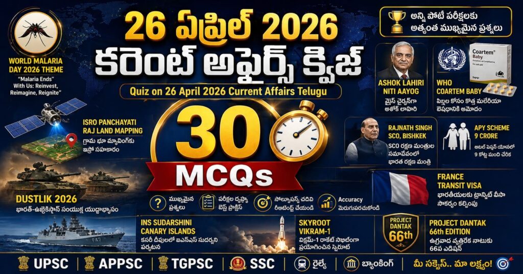 Quiz on 26 April 2026 Current Affairs Telugu banner with 30 MCQs, timer icon, ISRO satellite, WHO medicine, Indian Navy ship and important exam updates for UPSC APPSC TGPSC SSC