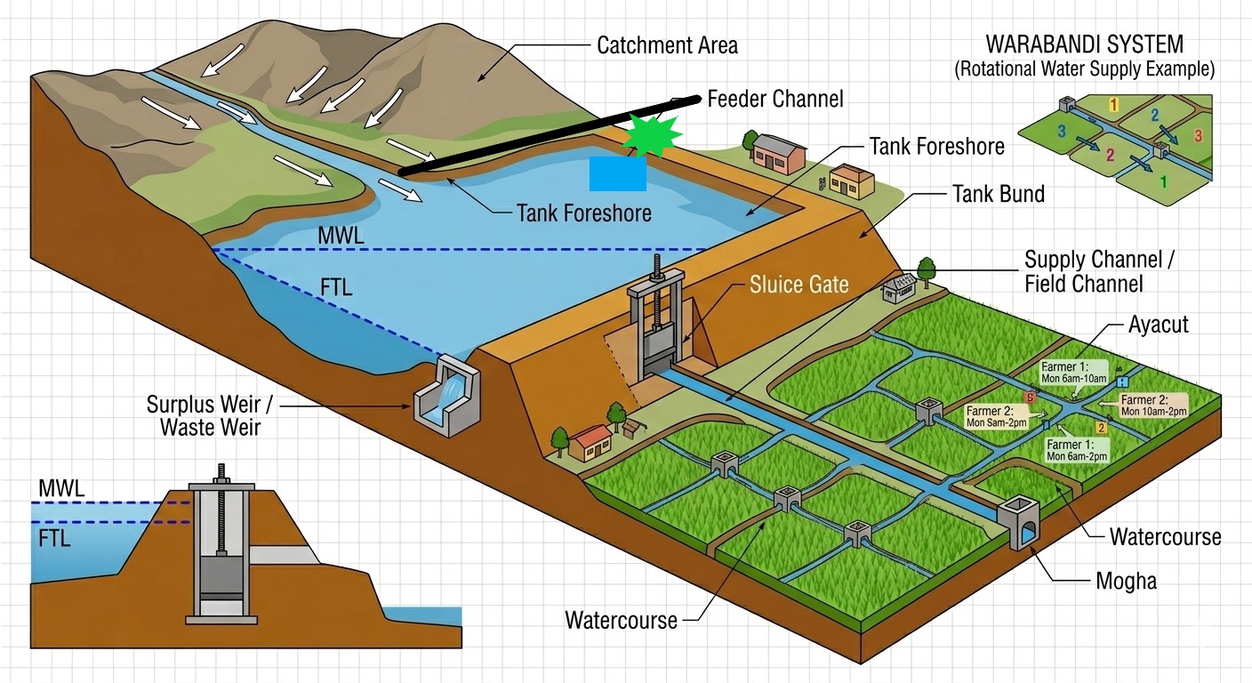 Rural irrigation structures diagram showing MI Tank, Check Dam and Farm Pond