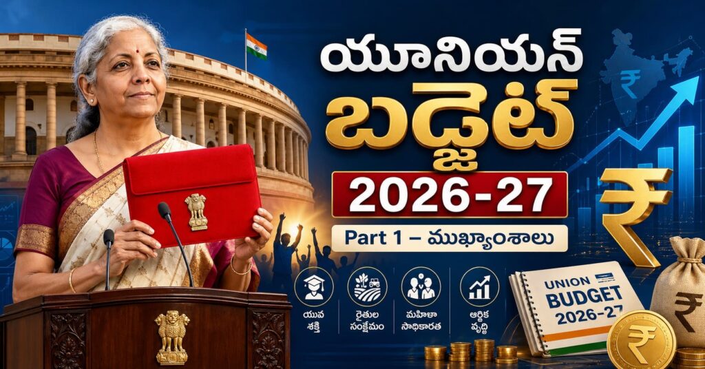 Union Budget 2026-27 in Telugu featured image showing Parliament, rupee symbols, growth charts, and budget highlights with Yuva Shakti theme