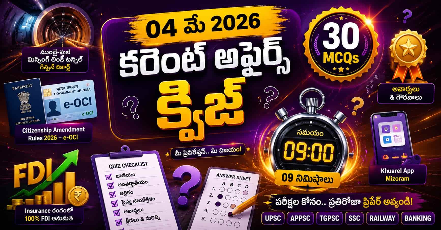 Quiz on 04 May 2026 Current Affairs Telugu with 30 MCQs and 9-minute timer, featuring topics like e-OCI, FDI, tunnel project, awards and competitive exam preparation visuals.