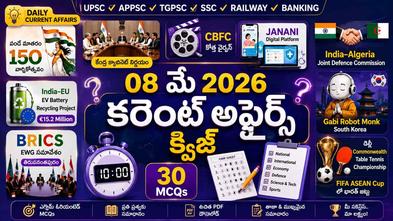 Quiz on 08 May 2026 Current Affairs Telugu image with 30 MCQs, stopwatch timer, OMR sheet, BRICS meeting, Vande Mataram 150 years celebration, CBFC update, JANANI platform, India-Algeria defence partnership, EV battery recycling project, robot monk from South Korea, FIFA ASEAN Cup and Commonwealth Table Tennis icons.