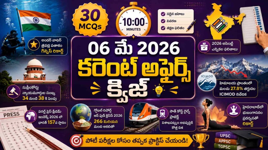 Feature image for Quiz on 06 May 2026 Current Affairs Telugu showing 30 MCQs, 10 minute timer, underwater tricolour Guinness record, election symbols, Supreme Court, Himalayan snow decline, press freedom index, global hunger report, South Coast Railway, and yoga Bhujangasana record in a quiz-style design.