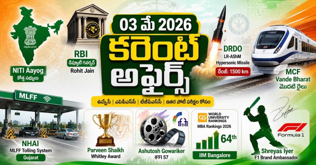 Current Affairs 03 May 2026 Telugu feature image, designed in a green and saffron theme with infographic style. Includes icons of NITI Aayog (India map with policy symbol), RBI building with currency symbol, Vande Bharat train, DRDO hypersonic missile launch, highway toll plaza (MLFF system), award trophy (Whitley Award), IFFI film reel, QS MBA ranking chart, and a cricket player silhouette.
