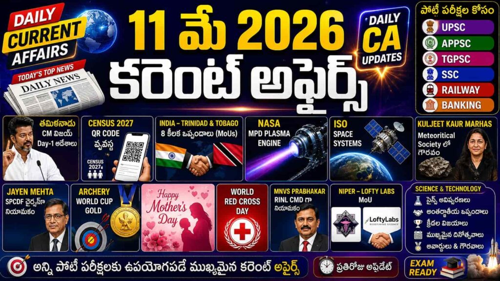 Current Affairs 11 May 2026 Telugu feature image with national and international news highlights, NASA plasma engine, Census 2027 QR code, Archery World Cup gold, Mother’s Day and competitive exam updates for UPSC, APPSC, TGPSC, SSC, Railway and Banking exams.