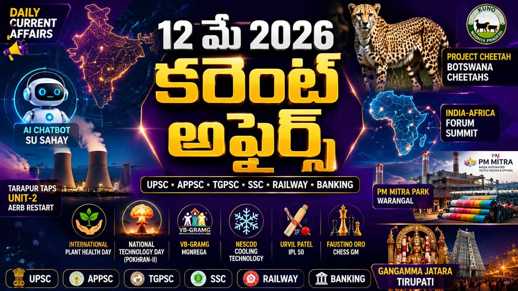 Current Affairs 12 May 2026 Telugu feature image with SEHAT Mission, Project Cheetah, AI chatbot, PM MITRA Park Warangal, National Technology Day, IPL and chess updates for UPSC APPSC TGPSC SSC Railway Banking exams.