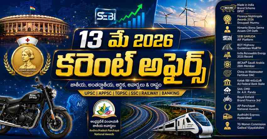 Current Affairs 13 May 2026 Telugu feature image with Parliament, renewable energy, SEBI finance chart, Royal Enfield bike, AI graphics, highway infrastructure and AP Panchayat awards for competitive exams.