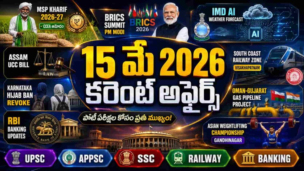 Current Affairs 15 May 2026 Telugu thumbnail featuring MSP Kharif 2026-27, BRICS Summit PM Modi, IMD AI Weather Forecast, South Coast Railway Zone Visakhapatnam, Assam UCC Bill, RBI banking updates and Asian Weightlifting Championship for UPSC APPSC SSC Railway Banking exams.