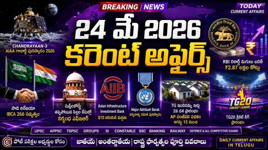 Current Affairs 24 May 2026 Telugu feature image showing Chandrayaan-3 moon mission, RBI surplus transfer, Supreme Court, Saudi Arabia-India relations, AIIB, UN award, Telangana housing scheme and TG20 cricket league in futuristic news style