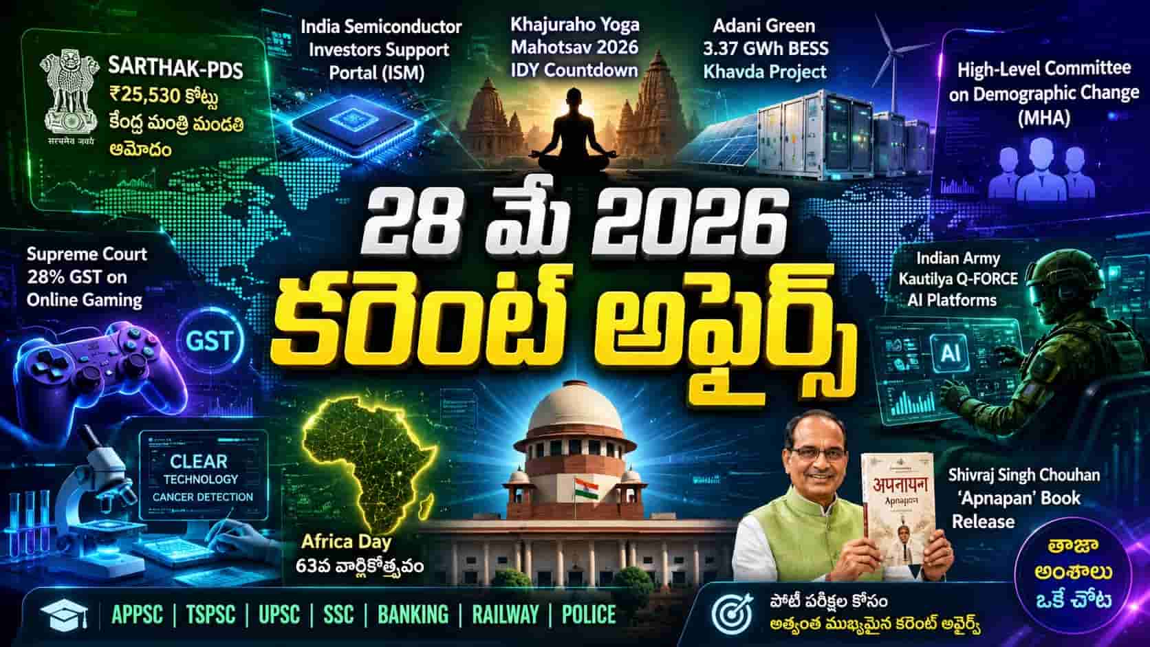 Current Affairs 28 May 2026 Telugu feature image with semiconductor portal, Supreme Court GST ruling, Khajuraho Yoga Mahotsav, Africa Day and AI technology graphics