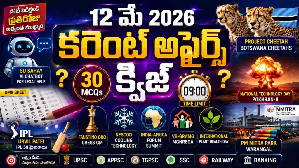 Quiz on 12 May 2026 Current Affairs Telugu thumbnail with 30 MCQs, OMR sheet, AI chatbot, Project Cheetah, National Technology Day, PM MITRA Park Warangal, IPL, chess and competitive exam icons for UPSC APPSC TGPSC SSC Railway Banking exams.