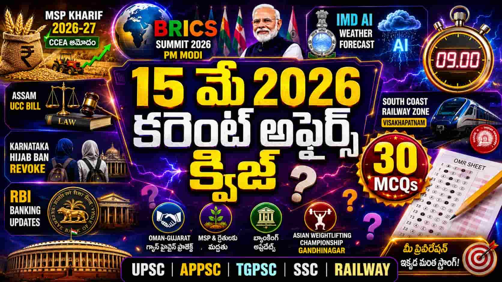 Quiz on 15 May 2026 Current Affairs Telugu thumbnail featuring 30 MCQs, BRICS Summit, IMD AI Weather Forecast, MSP Kharif 2026-27, South Coast Railway Zone Visakhapatnam, RBI banking updates and competitive exam quiz visuals for UPSC APPSC TGPSC SSC Railway exams.