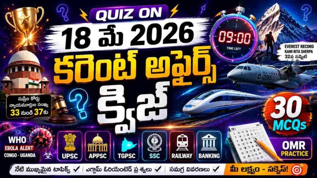 Quiz on 18 May 2026 Current Affairs Telugu thumbnail with 30 MCQs, stopwatch, Supreme Court, Everest record, C-295 aircraft, bullet train, WHO Ebola alert and UPSC APPSC TGPSC SSC Railway Banking exam icons.
