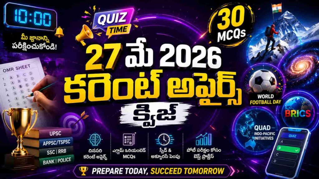 Quiz on 27 May 2026 Current Affairs Telugu thumbnail with 30 MCQs badge, OMR sheet, Everest climber, World Football Day, BRICS and Quad graphics in neon purple and blue theme.