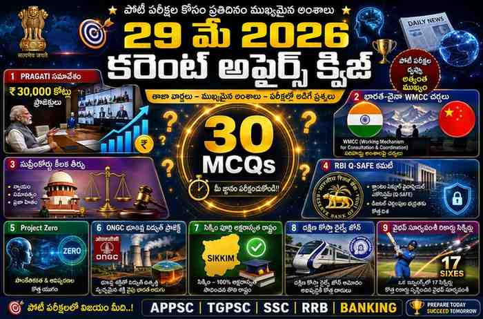 Quiz on 29 May 2026 Current Affairs Telugu featuring PRAGATI meeting projects, India-China WMCC talks, Supreme Court verdict, RBI Q-SAFE committee, Project Zero, ONGC geothermal project, Sikkim literacy achievement, South Coast Railway Zone and Vaibhav Suryavanshi record sixes for APPSC, TGPSC, SSC, RRB and Banking exams