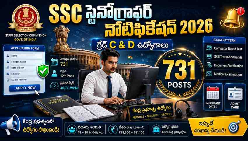 SSC Stenographer Grade C & D Recruitment 2026 Telugu notification poster showing 731 central government jobs with male stenographer and exam details