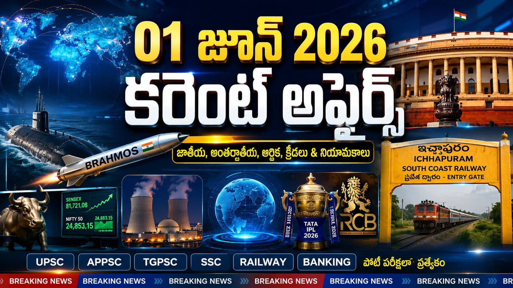 Current Affairs 01 June 2026 Telugu feature image showing India-Germany submarine agreement, South Coast Railway Ichchapuram gateway, BrahMos missile deal, GAIL leadership update, nuclear power project, stock market trends, and RCB IPL 2026 victory for competitive exam preparation.