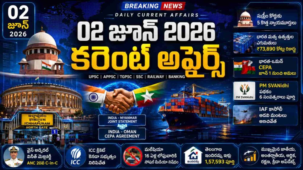 Current Affairs 02 June 2026 Telugu feature image showing Supreme Court, Indian Parliament, India-Myanmar partnership, India-Oman trade agreement, cargo exports, railway station entrance, and major national and international current affairs updates for competitive exams.