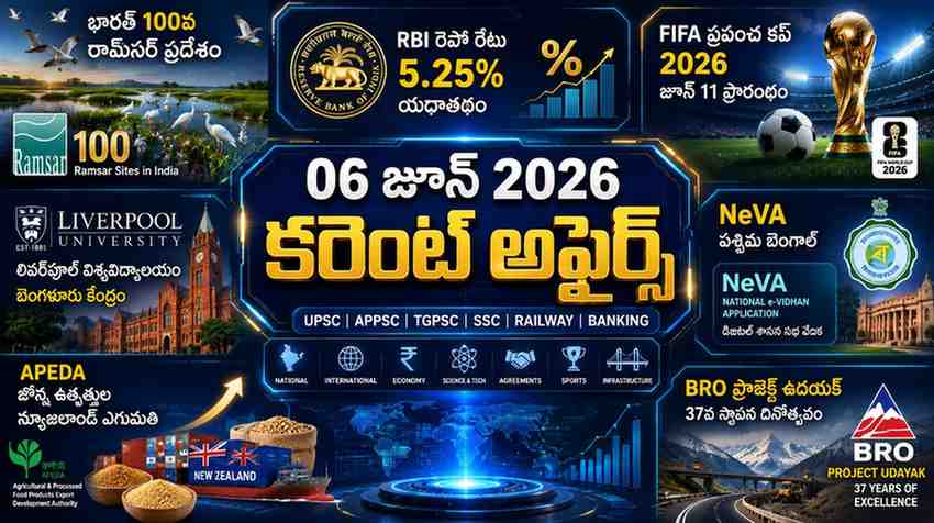 Current Affairs 06 June 2026 Telugu featuring India's 100th Ramsar Site, RBI repo rate at 5.25%, FIFA World Cup 2026, Liverpool University Bengaluru Centre, NeVA West Bengal, APEDA millet exports to New Zealand, and BRO Project Udayak.