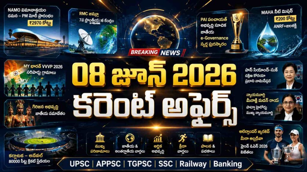 Current Affairs 08 June 2026 Telugu feature image highlighting NAMO Airport inauguration, RMC Jammu, e-Governance Gold Award, MAHA Water Mission, Tribal Development Conference, and French Open 2026 winners.