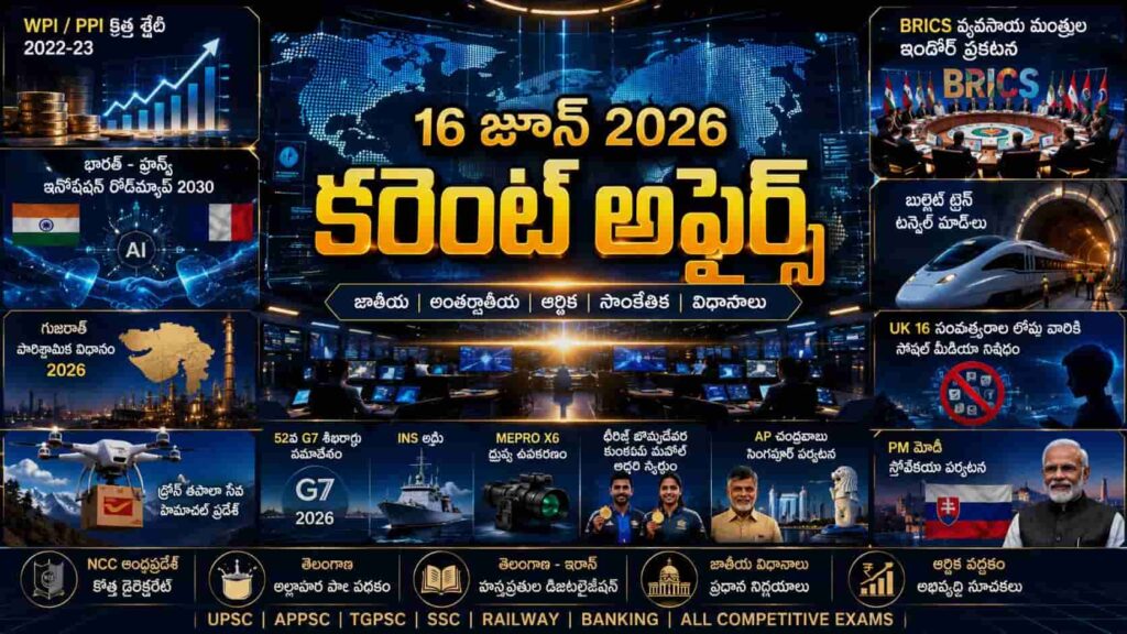 Current Affairs 16 June 2026 Telugu covering G7 Summit BRICS WPI PPI and Drone Postal Service