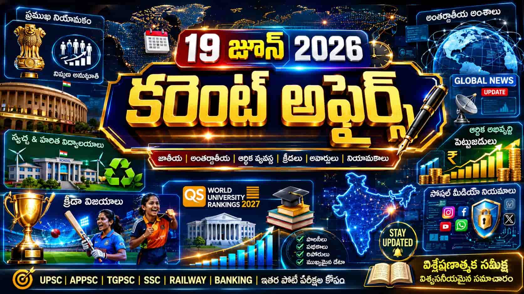 Current Affairs 19 June 2026 Telugu featuring national, international, education, economy and sports updates for competitive exams