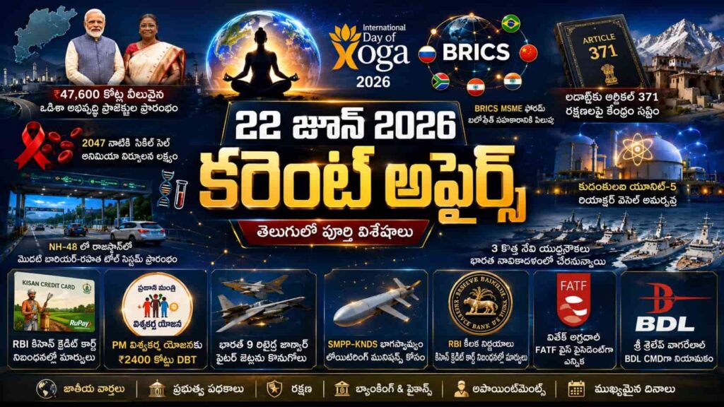 Current Affairs 22 June 2026 Telugu with Yoga Day, BRICS, Navy warships, RBI updates and national news highlights