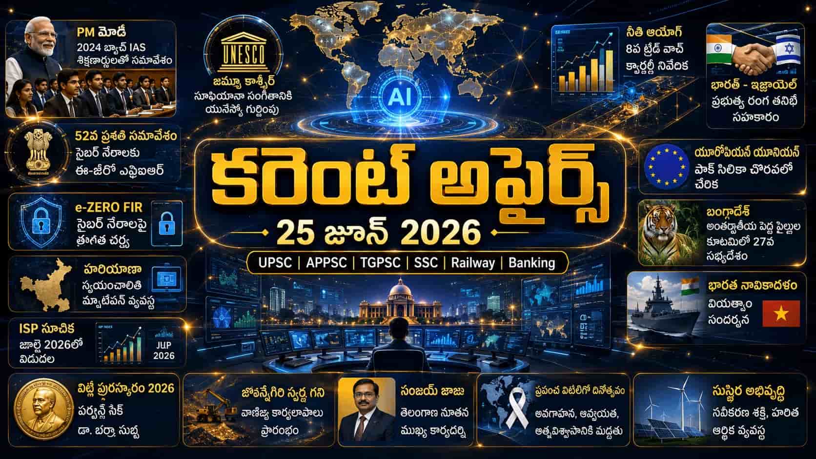 Current Affairs 25 June 2026 Telugu feature image covering PM Modi IAS trainees meeting, e-Zero FIR, UNESCO Sufiyana music, India-Israel cooperation, Vietnam naval visit and other important updates for competitive exams.