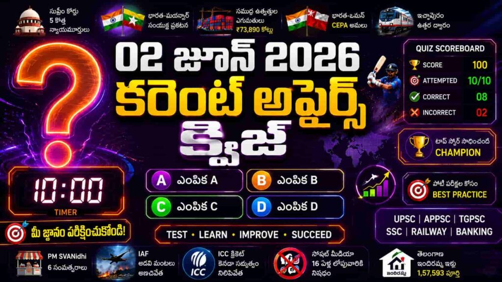 Quiz on 02 June 2026 Current Affairs Telugu thumbnail featuring a glowing question mark, 10-minute timer, MCQ answer options, quiz scoreboard, and highlights of Supreme Court, India-Oman agreement, railway news, sports updates, and other important current affairs topics for competitive exam preparation.