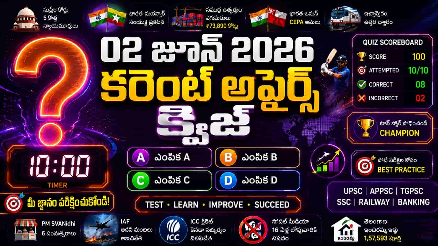 Quiz on 02 June 2026 Current Affairs Telugu thumbnail featuring a glowing question mark, 10-minute timer, MCQ answer options, quiz scoreboard, and highlights of Supreme Court, India-Oman agreement, railway news, sports updates, and other important current affairs topics for competitive exam preparation.