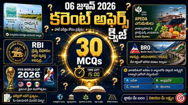 Quiz on 06 June 2026 Current Affairs Telugu poster featuring 30 MCQs on RBI, Ramsar Wetlands, FIFA World Cup 2026, APEDA exports, and BRO infrastructure