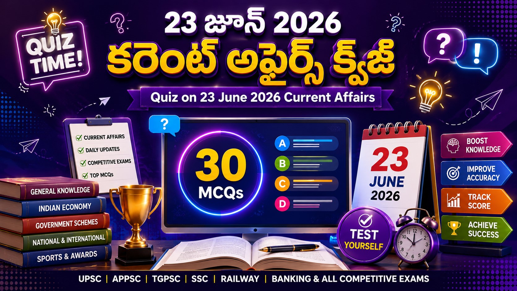 Quiz on 23 June 2026 Current Affairs Telugu featuring 30 important MCQs for UPSC, APPSC, TGPSC, SSC, Railway, Banking, and other competitive exams.