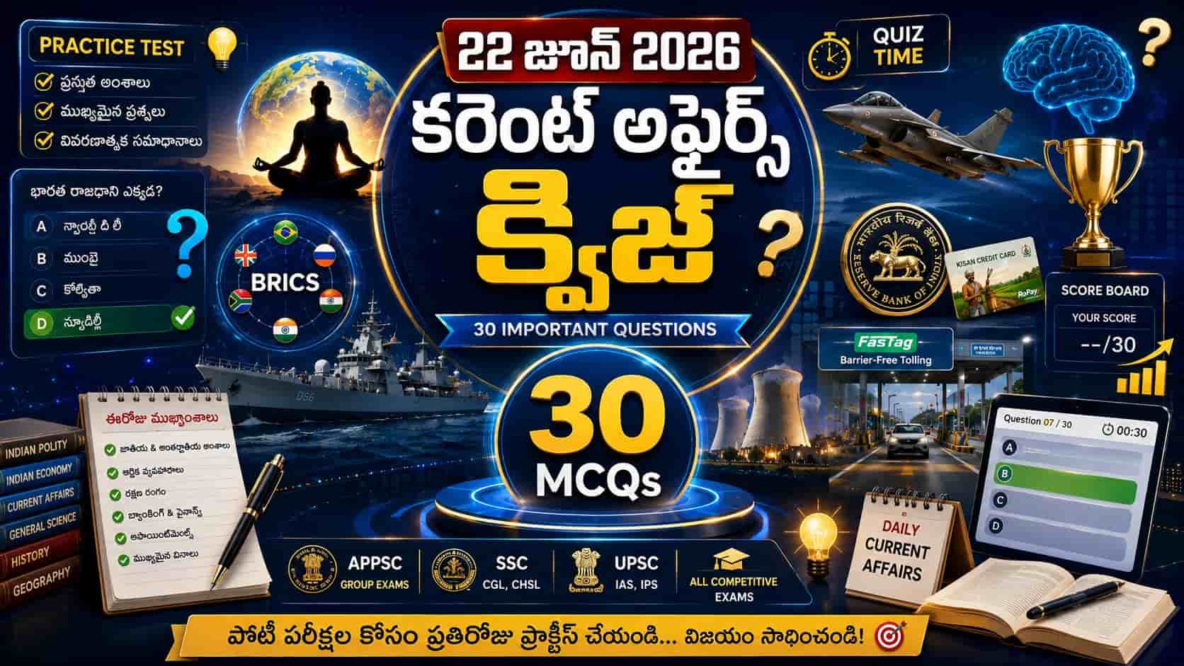 Quiz on Current Affairs 22 June 2026 Telugu featuring 30 important MCQs for competitive exam preparation