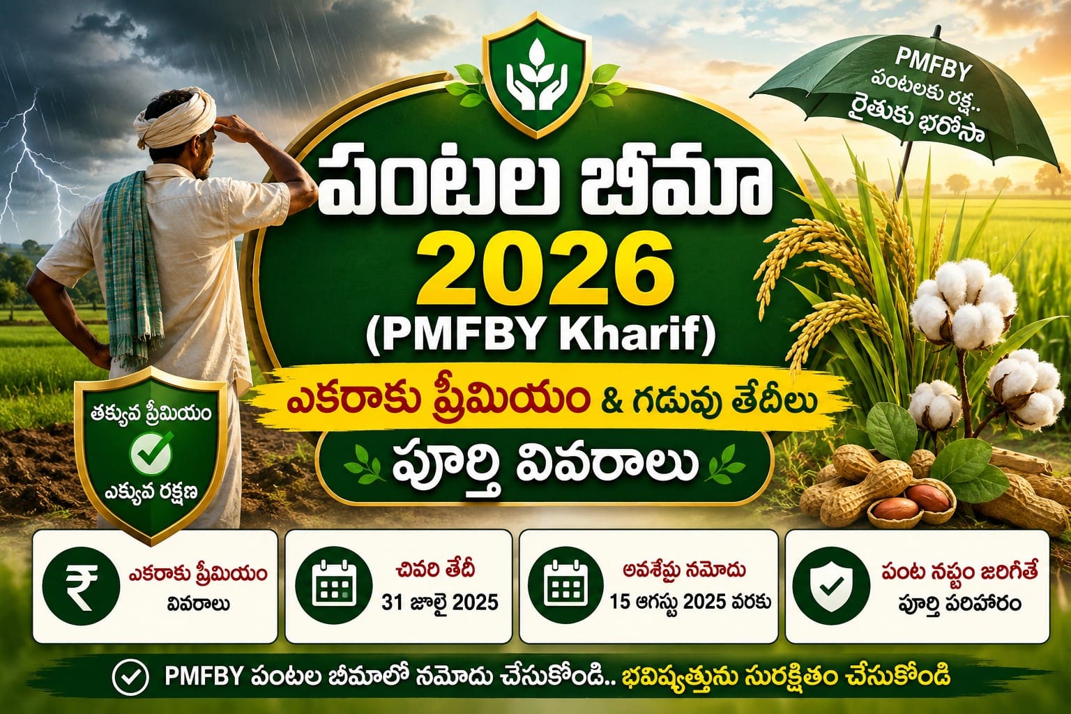 Feature image of an Indian farmer in a field with mixed weather (drought and rain), representing Crop Insurance AP under PMFBY Kharif 2026, with bold Telugu text about premium per acre and application deadlines, highlighting farmer protection and risk awareness.
