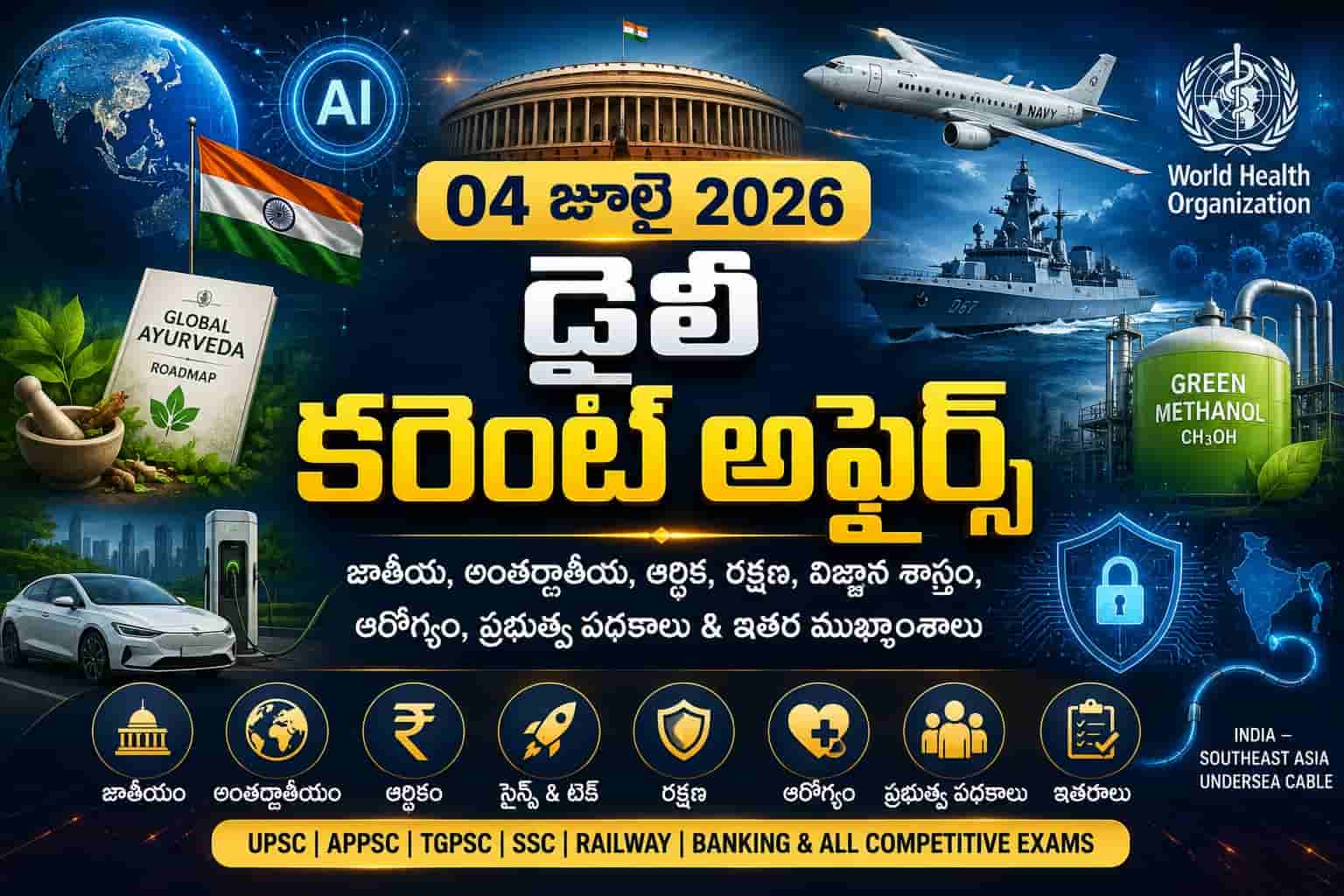 Current Affairs 04 July 2026 Telugu covering national, international, defence, health, science, AI, and government updates