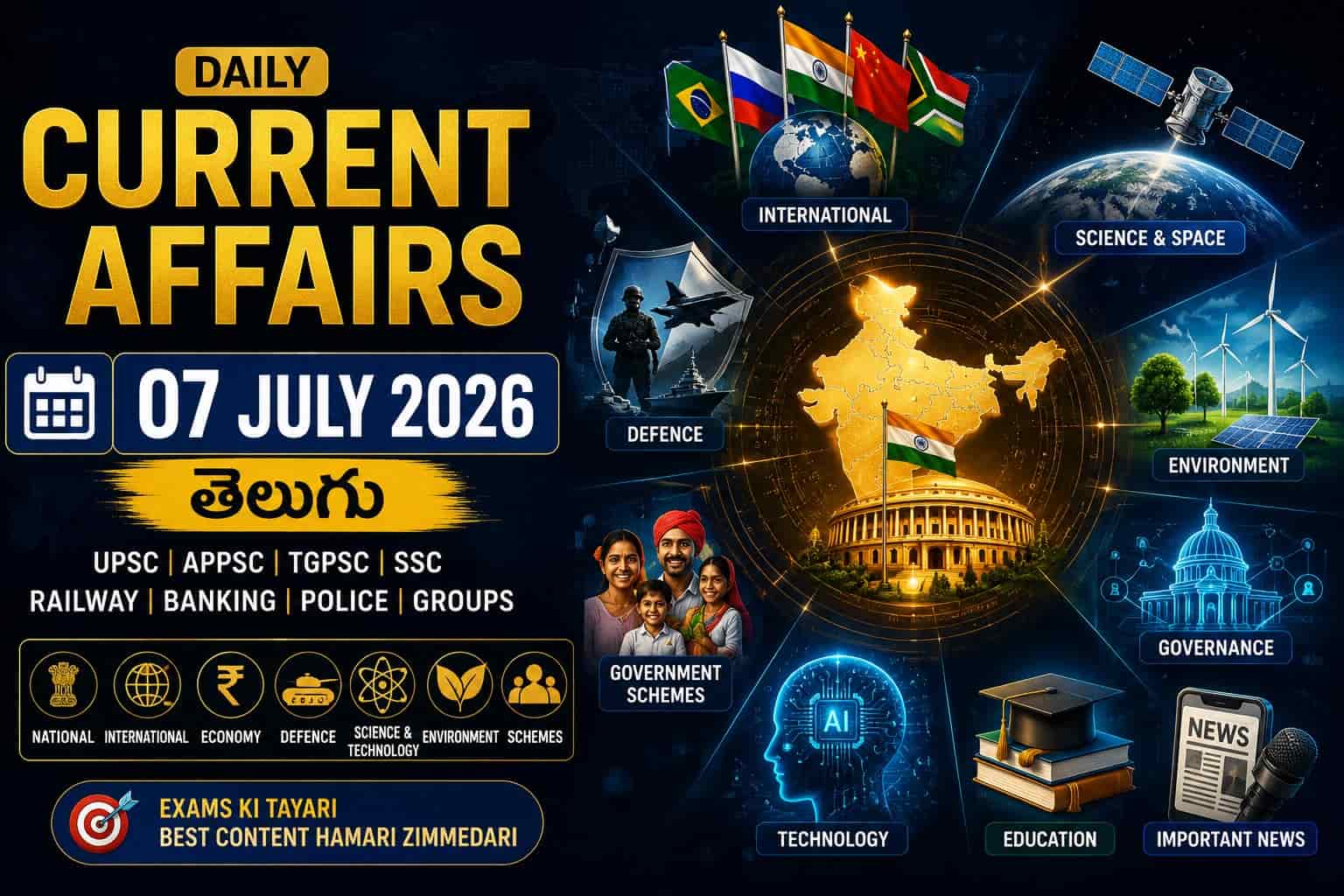 Current Affairs 07 July 2026 Telugu feature image for UPSC, APPSC, TGPSC, SSC, Railway and Banking exam preparation.