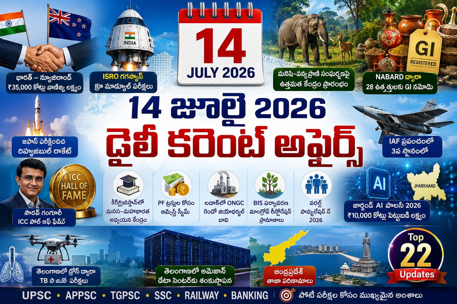 Current Affairs 14 July 2026 Telugu featured image showing top national, international, defence, sports, Telangana and Andhra Pradesh current affairs for UPSC, APPSC, TGPSC, SSC, Railway and Banking exams.