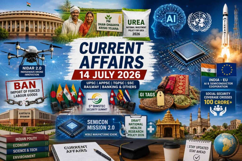 Current Affairs 17 July 2026 Telugu featuring AI report, Semicon Mission 2.0, NIDAR drone, Vikram-1 rocket, BIMSTEC, GI Tags and national news