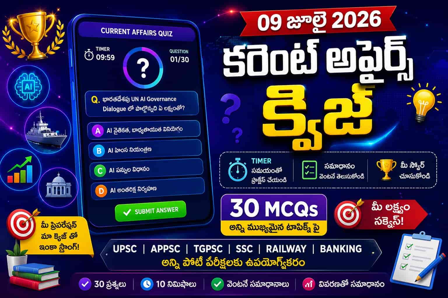 Quiz on 09 July 2026 Current Affairs Telugu with 30 MCQs, timer, instant answers, explanations and score for UPSC, APPSC, TGPSC, SSC, Railway and Banking exams.