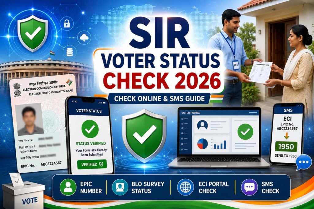 SIR Voter Status Check 2026 illustration showing EPIC card verification, BLO survey, ECI portal status check, and SMS guide using 1950.